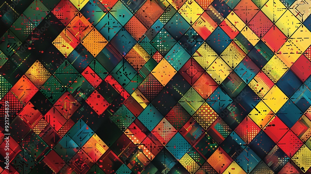 Poster a vibrant abstract pattern featuring colorful squares in red, green, yellow, and black, creating a d