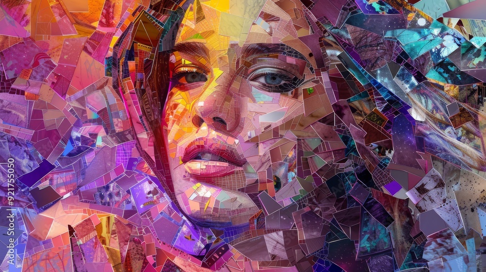 Poster a vibrant and emotional portrait showcasing a woman's face in a mosaic style, expressing depth and c