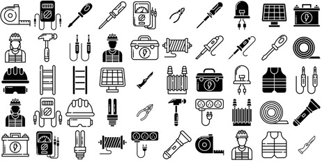 A Collection Of Electrician Isolated Silhouette Solid Icons With Electrician,Led,Light,Builder,Power Solid Icon Collection. Vector Illustration
