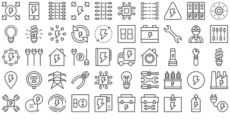 Set Of Linear Electrician Icons Collection Isolated Silhouette Solid Icons Including Energy,Electrician,Power,Electrical,Electricity Vector Icon Set Linear Pictogram Pack