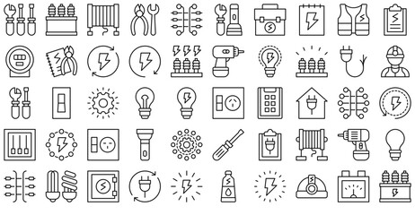Set Of Electrician Vector Symbols Apps, Websites Ui Designs Suitable For Energy,Electrician,Electrical,Power,Electricity Vector Illustration Linear Pictogram Pack