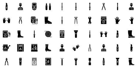 A Collection Of Electrician Icons Collection Isolated Silhouette Solid Icons Including Electric,Electricity,Electrical,Electrical-Box,Electrician Solid Icon Collection. Vector Illustration