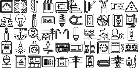A Collection Of Electrician Isolated Silhouette Solid Icons With Electricity,Electrician,Light,Electrification,Electric Business Infographic Elements Logo Vector Illustration