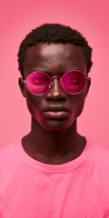 A man in his thirties, with black skin wearing pink sunglasses and a pink t-shirt, on a solid pink colored background