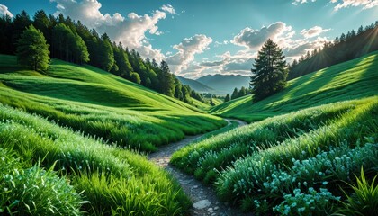 Sunbeams Through Green Hills.