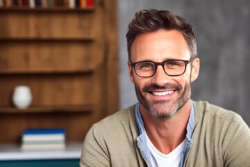 Fototapeta premium A cheerful man with glasses and a beard smiles warmly at the camera, set against a bookshelf background with books and a vase ideal for websites, blogs, and advertisements promoting positivity