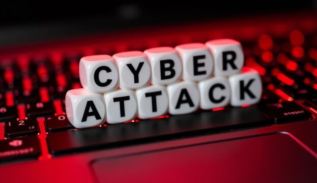 White dices with text "cyber attack" on the computer keyboard illuminated by red backlighting, cyber network security concept