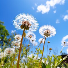 Naklejka premium Close-up of dandelions against a bright blue sky, suitable for themes of nature, growth, and springtime perfect for websites, blogs, and social media posts celebrating the beauty of the natural world