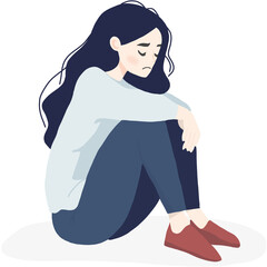A simple  illustration of a young woman sitting alone, feeling sad or introspective.The image is on a white background, emphasizing her emotional state.