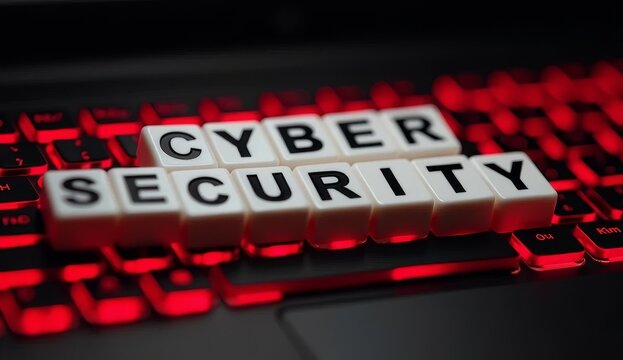 Dices with text "cyber security" on the computer keyboard illuminated by red backlighting, cyber network security concept - Powered by Adobe