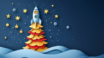 Fototapeta premium Paper illustration of a rocket in the form of a Christmas tree. Paper-cut style. 2025 new year and Christmas