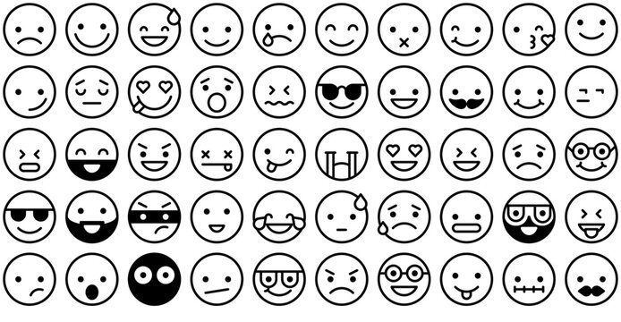 Naklejki Set Of Emoji Icons Collection Isolated Silhouette Solid Icons Including Emoji,Smileys,Emoticons,Faces,Feelings Stroke Icon Collection. Vector Illustration