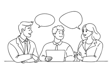 Professional Line Art Businessmen and Businesswoman in Discussion - Vector Illustration