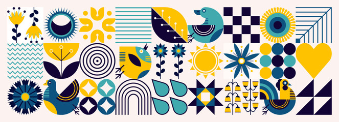 Autumn pattern. Scandinavian style. Ukrainian symbols. Natural flower plants, poultry farming, crop production, agriculture. Abstraction. Vector minimal illustration