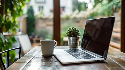 Laptop, Coffee Cup, and Plant on Wooden Table