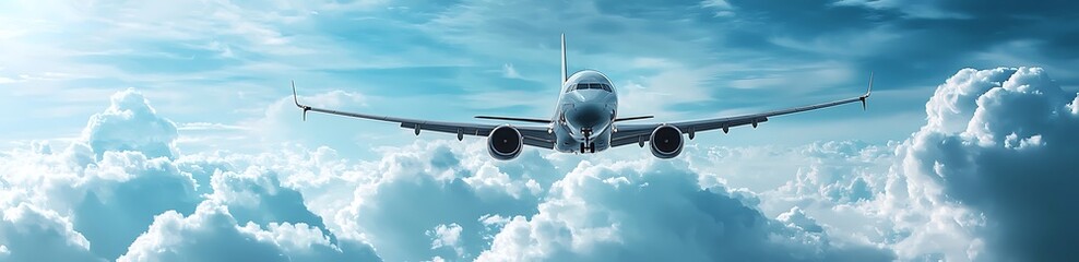 Airplane flying above clouds in a blue sky.