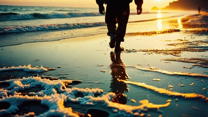 Silhouette of a person walking on the beach at sunset.