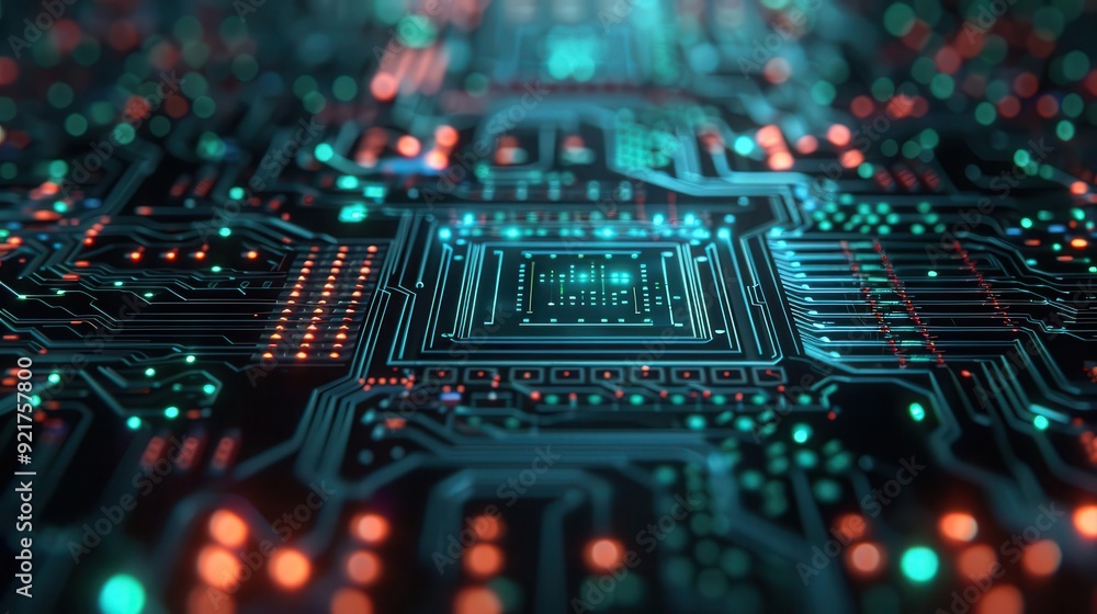 Poster abstract close-up of a digital circuit board with glowing lights, representing technology and innova