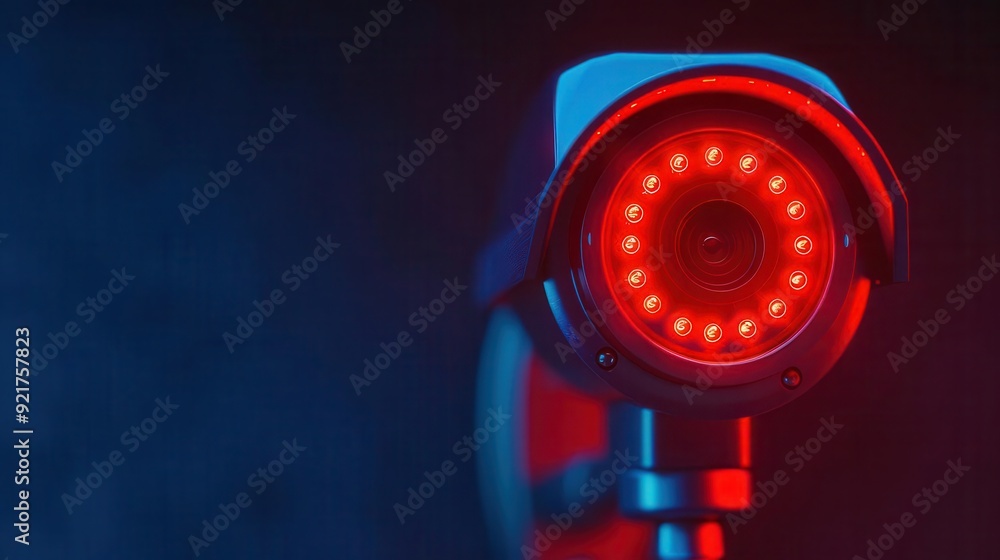Poster a close-up of a surveillance camera with glowing red lights, symbolizing security and monitoring in 