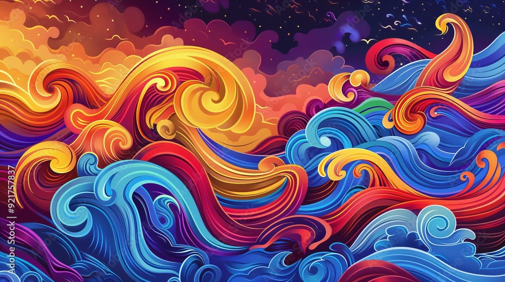 Poster vibrant and dynamic waves in a colorful abstract style evoke a sense of movement and energy.