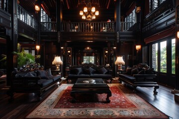 Naklejka premium Vintage Asian interior design elements feature traditional motifs and antique furnishings, blending rich cultural heritage with classic aesthetics.