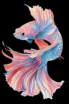 Illustration von einem bunten Kampffisch / Betta auf schwarzem Hintergrund