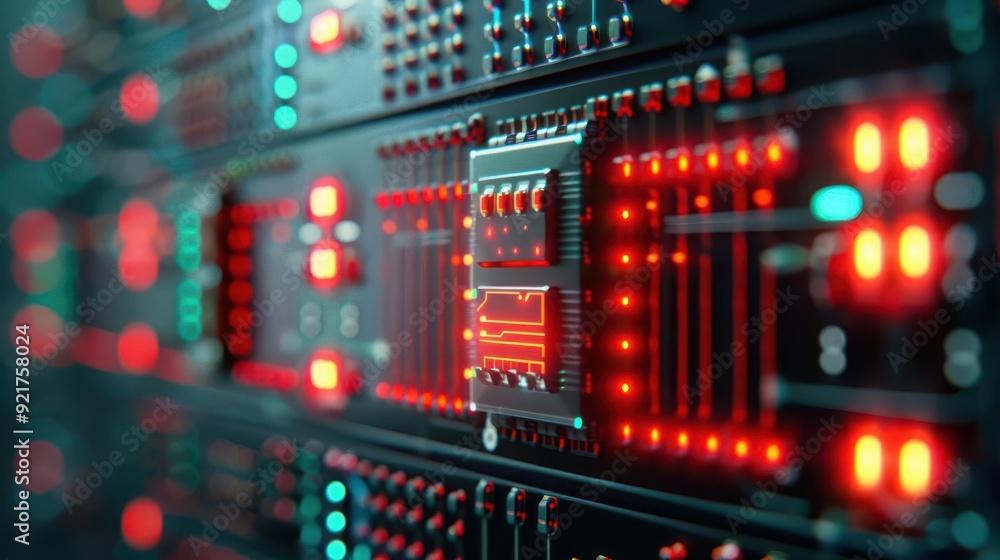 Poster close-up view of a high-tech circuit board with glowing lights, showcasing modern technology and int