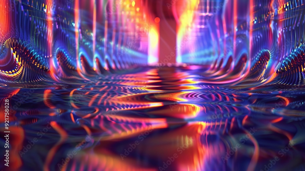 Poster a vibrant and mesmerizing digital landscape with colorful waves reflecting light, creating a surreal