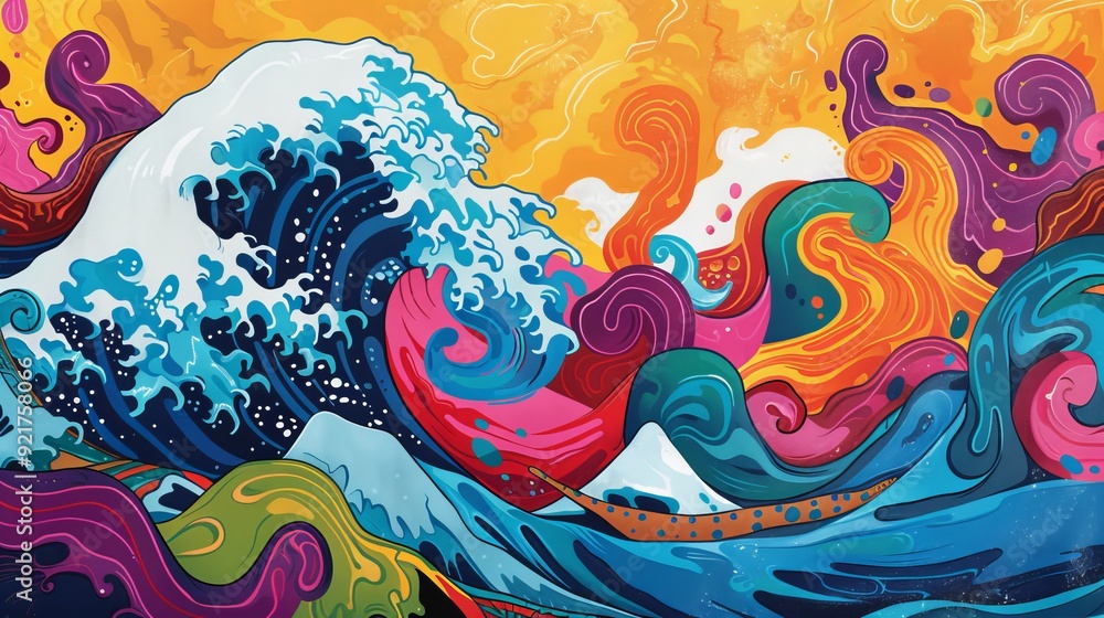 Poster a vibrant and dynamic illustration of colorful waves and swirling patterns, evoking a sense of energ