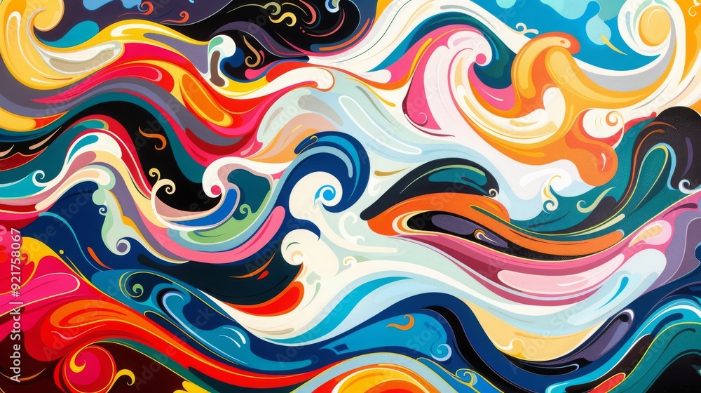 Poster a vibrant abstract painting featuring swirling waves of color, evoking a sense of movement and energ