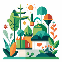 A cartoon illustration of a house with plants and trees around