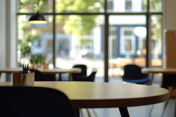 Bright Office Space with Natural Light and Blurred Outdoor View Through Large Windows