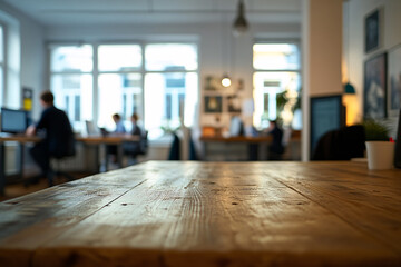 Empty Wooden Desk in Bright Modern Office with Blurred Background of Working Professionals