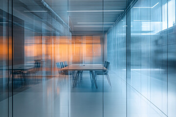Futuristic Conference Room with Glass Walls and Blurred Interior Lighting