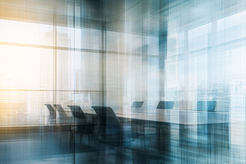 Glass-Enclosed Conference Room with Blurred Cityscape and Minimalist Design
