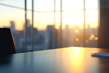 Modern Office Desk with Blurred Cityscape at Sunset