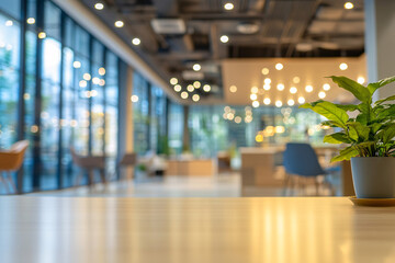 Modern Office Interior with Potted Plant and Blurred Background of Stylish Workspace