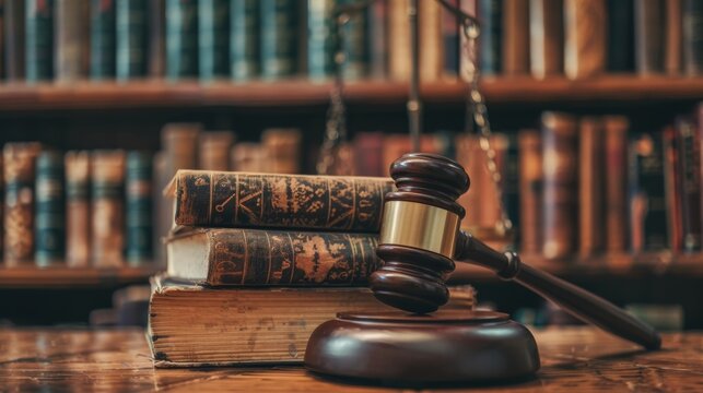 A gavel sits atop a stack of law books in front of a bookshelf filled with more volumes - Powered by Adobe