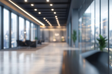 Sleek Modern Office Interior with Large Windows and Blurred Cityscape View