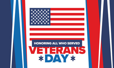 Veterans Day in United States. Federal holiday, celebrated annual in November 11. Honoring all who served. Patriotic american military concept. Poster, card, banner and background. Vector illustration