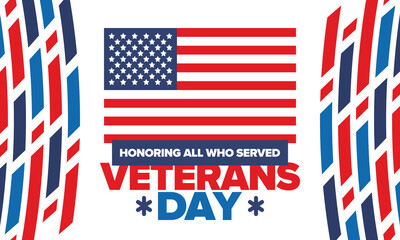 Veterans Day in United States. Federal holiday, celebrated annual in November 11. Honoring all who served. Patriotic american military concept. Poster, card, banner and background. Vector illustration