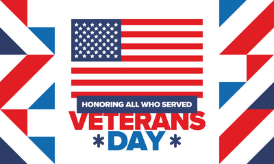 Veterans Day in United States. Federal holiday, celebrated annual in November 11. Honoring all who served. Patriotic american military concept. Poster, card, banner and background. Vector illustration