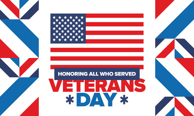 Veterans Day in United States. Federal holiday, celebrated annual in November 11. Honoring all who served. Patriotic american military concept. Poster, card, banner and background. Vector illustration