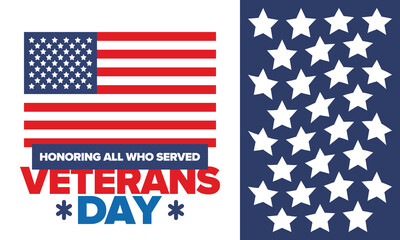 Veterans Day in United States. Federal holiday, celebrated annual in November 11. Honoring all who served. Patriotic american military concept. Poster, card, banner and background. Vector illustration