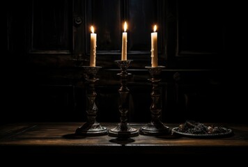 Three Lit Candles in Ornate Candelabras on a Dark Wooden Table