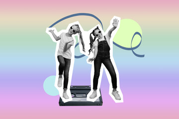 Composite abstract creative photo collage of two friends schoolgirls dancing in glasses on retro cassette isolated on colorful background