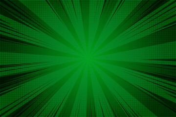 Green comic background with pop art sunburst. Retro bg with radial rays of explosion. Abstract halftone vector backdrop. Superhero speed lines wallpaper © Chorna_L