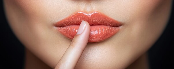 Naklejka premium A close-up of a woman's lips with a finger placed gently over them, symbolizing silence or a secretive gesture.