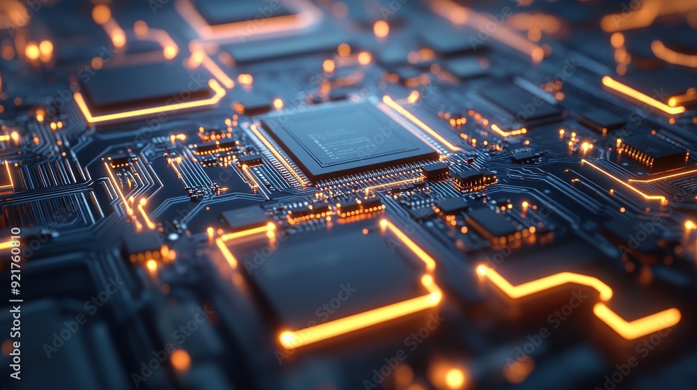 Poster a close-up view of a modern circuit board with glowing elements, showcasing advanced technology and 