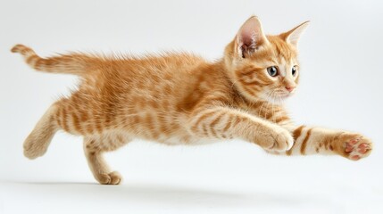 Ginger Kitten Leaping Through the Air with a White Background